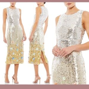 NWT Mac Duggal [ 12 ] 3D Floral‎ Embellished Sequin Ombre Midi Dress Silver Gold